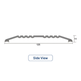 Side view diagram of a 125mm wide, 14mm high aluminium threshold plate with support feet and a sloped ramp profile.