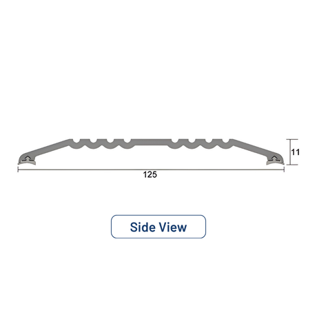 Side view diagram of a 125mm wide, 14mm high aluminium threshold plate with support feet and a sloped ramp profile.