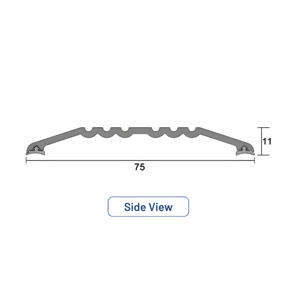 Side view diagram of a 75mm wide, 14mm high aluminium threshold plate with support feet and a sloped ramp profile.