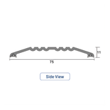 Side view diagram of a 75mm wide, 14mm high aluminium threshold plate with support feet and a sloped ramp profile.