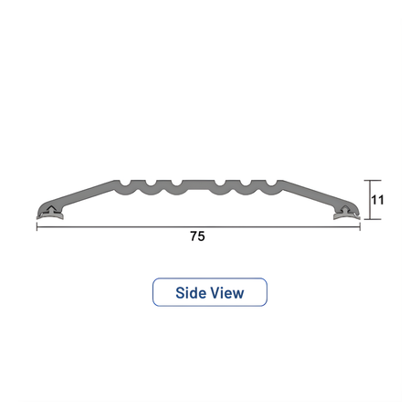 Side view diagram of a 75mm wide, 14mm high aluminium threshold plate with support feet and a sloped ramp profile.