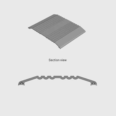 Section view of a metal strip and a ribbed plate on a light gray background