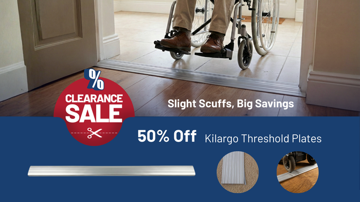Advertisement for Kilargo threshold plates with a person using a wheelchair entering a home.