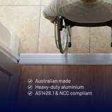 Person in a wheelchair using a metal threshold ramp with text about product features.