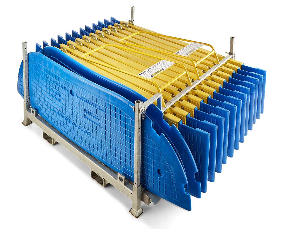 Oxford Plastics LowPro 23/05 road plates stacked in their stillage