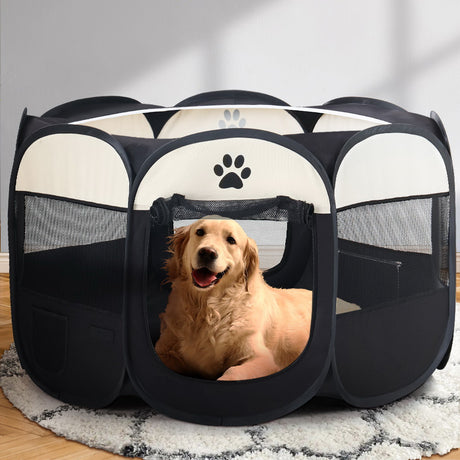 i.Pet 8 Panel Playpen Enclosure Crate Puppy Fence 3XL - golden retriever lying inside playpen on rug