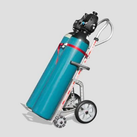 Rotatruck Dual Gas Cylinder V-Loop Handle Hand Trolley, 225kg Capacity - small trolley with teal cylinder, grey background