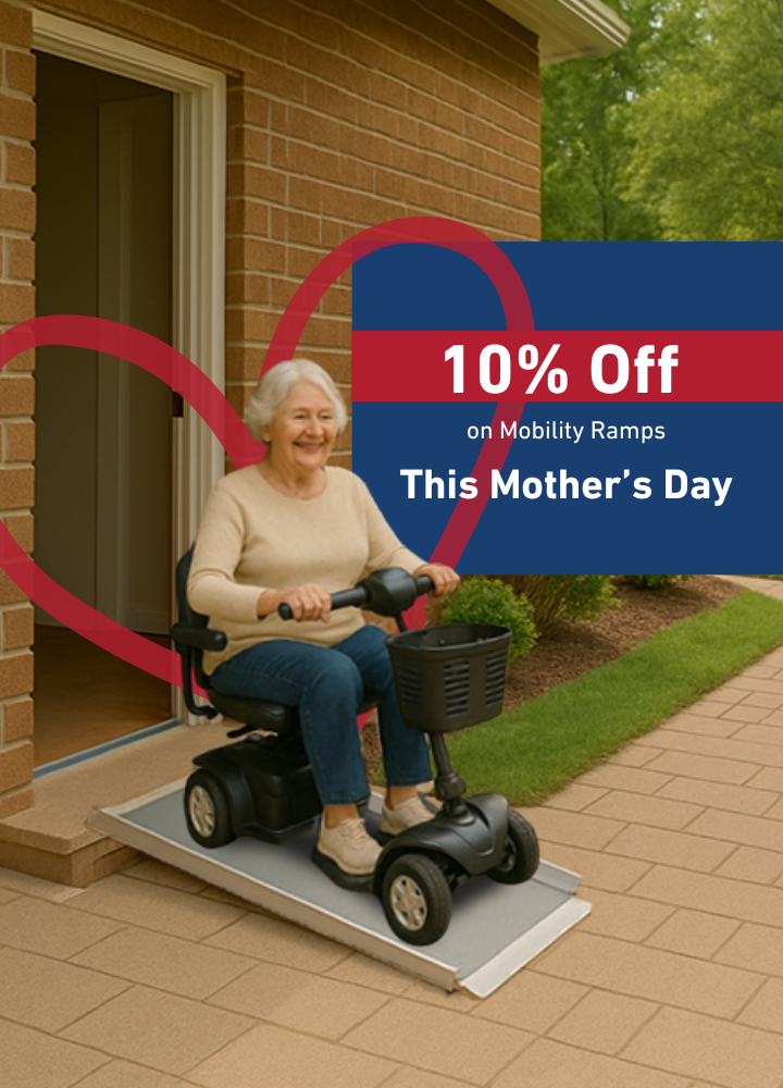Elderly woman using a mobility scooter on a ramp outside her home with a banner reading “10% Off Mobility Ramps This Mother’s Day