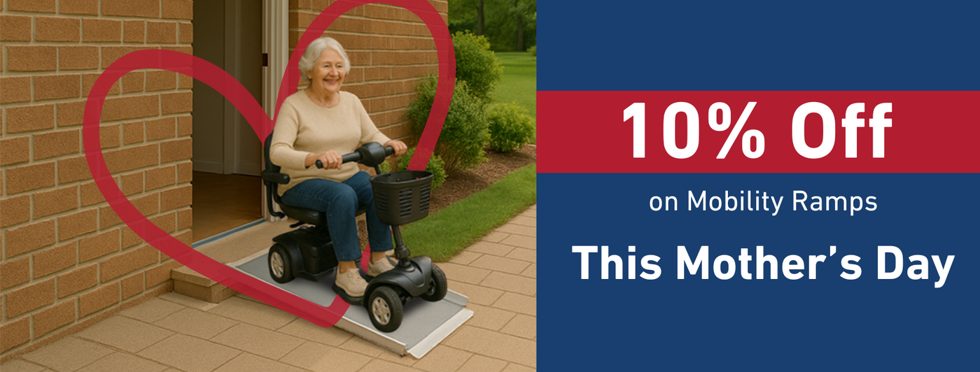 Elderly woman using a mobility scooter on a ramp outside her home with a banner reading “10% Off Mobility Ramps This Mother’s Day