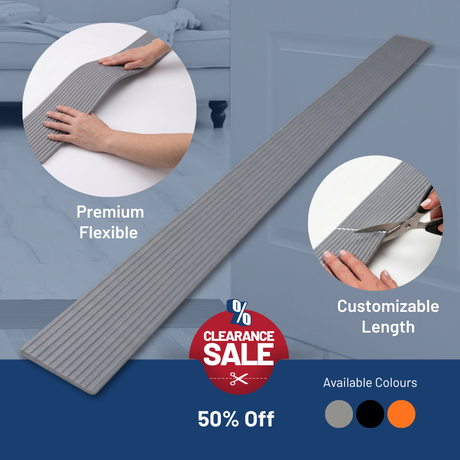 Gray flexible strip with customizable length, shown being cut and applied, on a blue gradient background with sale text.