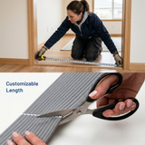 A person measures a doorway; another trims a gray, flexible threshold ramp with scissors. Labeled "Customizable Length."