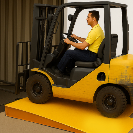 Kartrite 7-Tonne Steel Container Ramp - forklift driving onto ramp, ramp mostly hidden