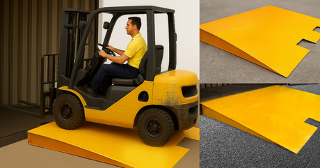 Forklift driving up the yellow ramp into a warehouse, demonstrating safe material handling access.