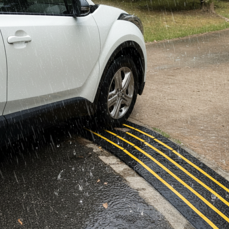 Car approaching a speed bump on a rainy day