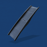 Black folding dog ramp with a ribbed surface and carry handle on a blue background.
