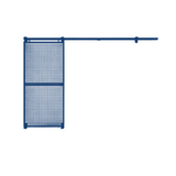 A technical illustration of a single sliding security gate, showcasing its double-height mesh panel and overhead track system. The schematic provides a side perspective of the gate’s functionality.