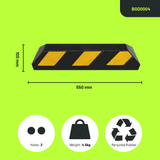 Base Guard® 550mm Rubber Wheel Stop with dimensions and features on a green background