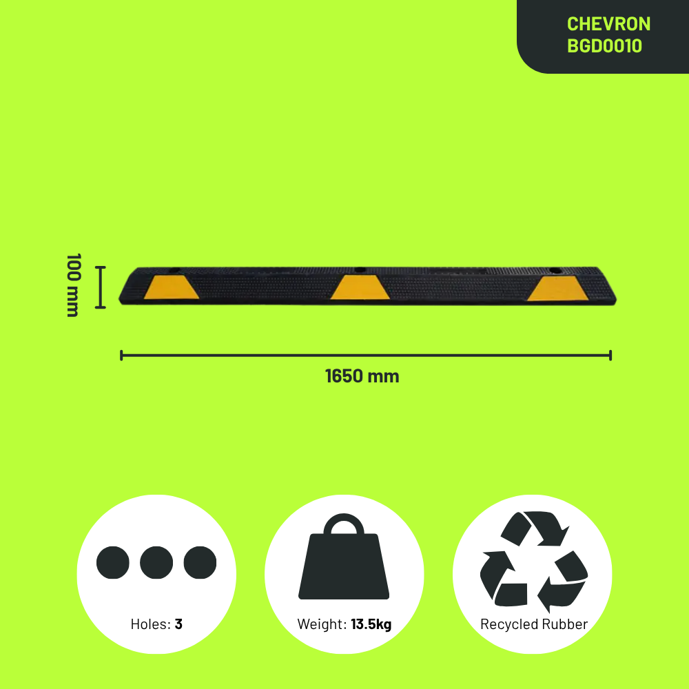 Base Guard® 1650mm Rubber Wheel Stop with dimensions and features on a green background