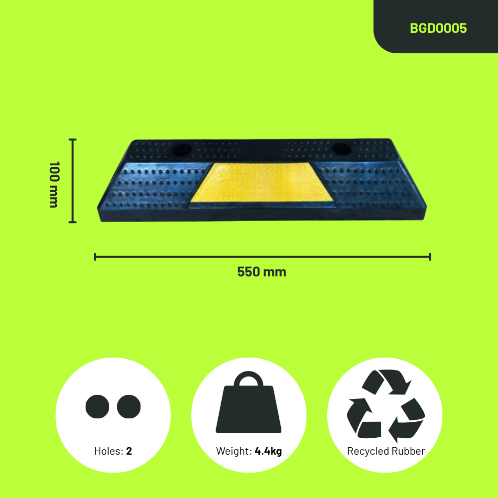 Base Guard® 550mm Rubber Wheel Stop dimensions and features on a green background