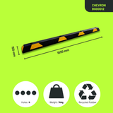 Base Guard® 1830mm Rubber Wheel Stop with measurements and icons on a green background