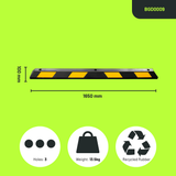Base Guard® 1650mm Rubber Wheel Stop with dimensions on a green background