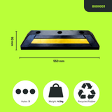 Base Guard® 550mm Rubber Wheel Stop with dimensions and features on a green background