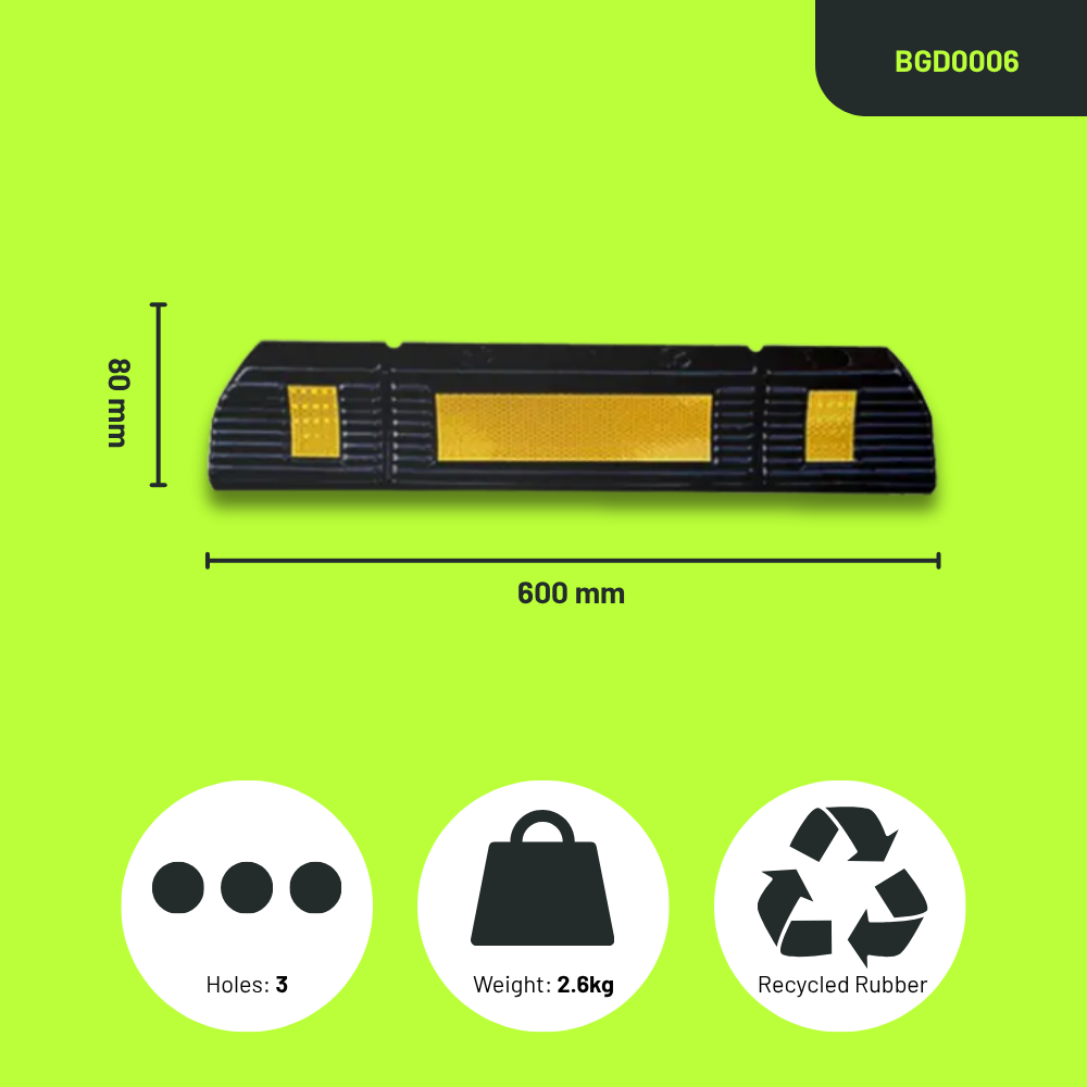 Base Guard® 600mm Rubber Wheel Stop with dimensions and features on a green background