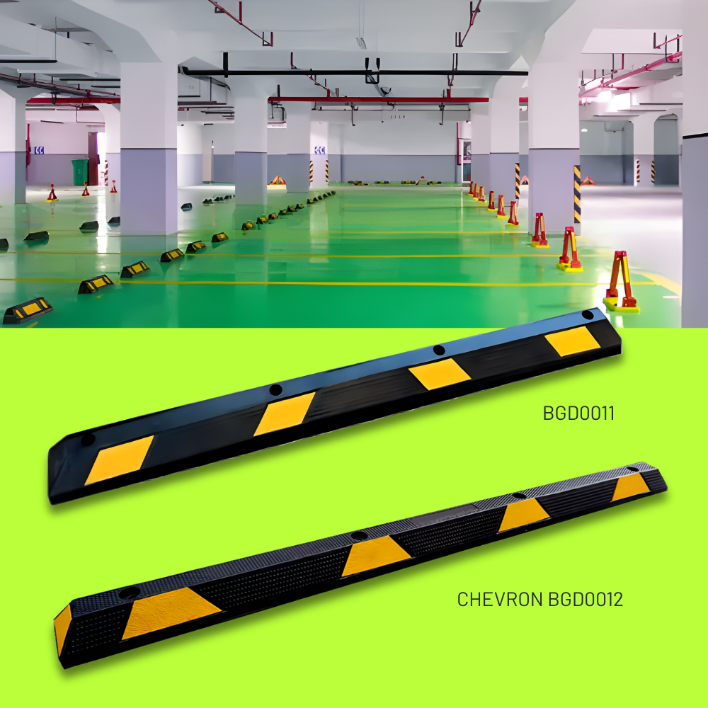 Base Guard® 1830mm Rubber Wheel Stop on a green background with a parking garage in the background.