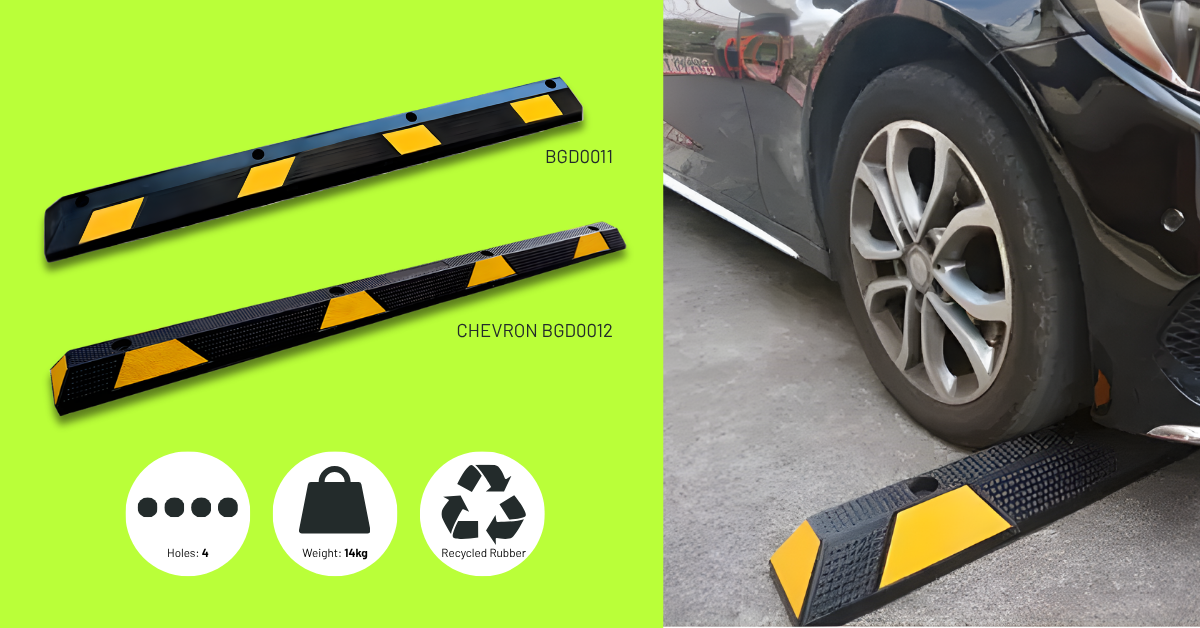 Set of Base Guard® 1830mm Rubber Wheel Stop with car wheel on a gray surface