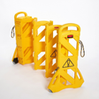 Yellow safety barriers with warning signs on a white background