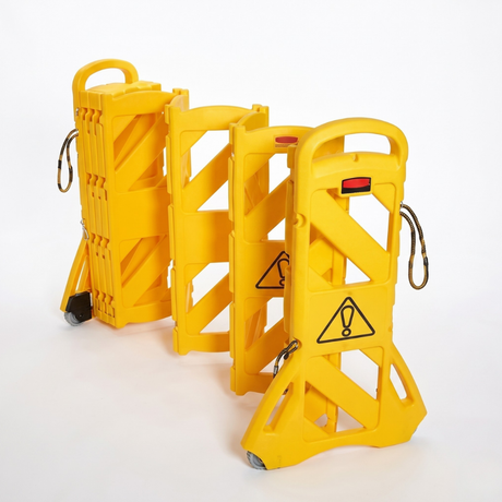 Yellow safety barriers with warning signs on a white background