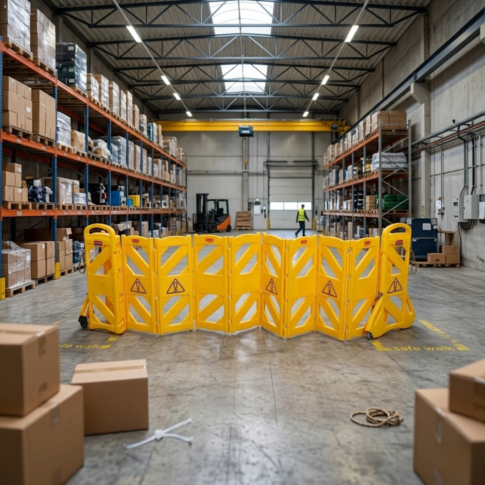 Warehouse interior with yellow safety barriers, boxes, and a forklift.