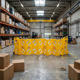 Warehouse interior with yellow safety barriers, boxes, and a forklift.