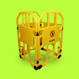 Yellow barrier with 'No Entry' sign on a green background