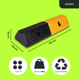 Base Guard® 500mm Rubber Wheel Stop with dimensions and features on a green background