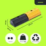 Base Guard® 500mm Rubber Wheel Stop with dimensions and features on a green background