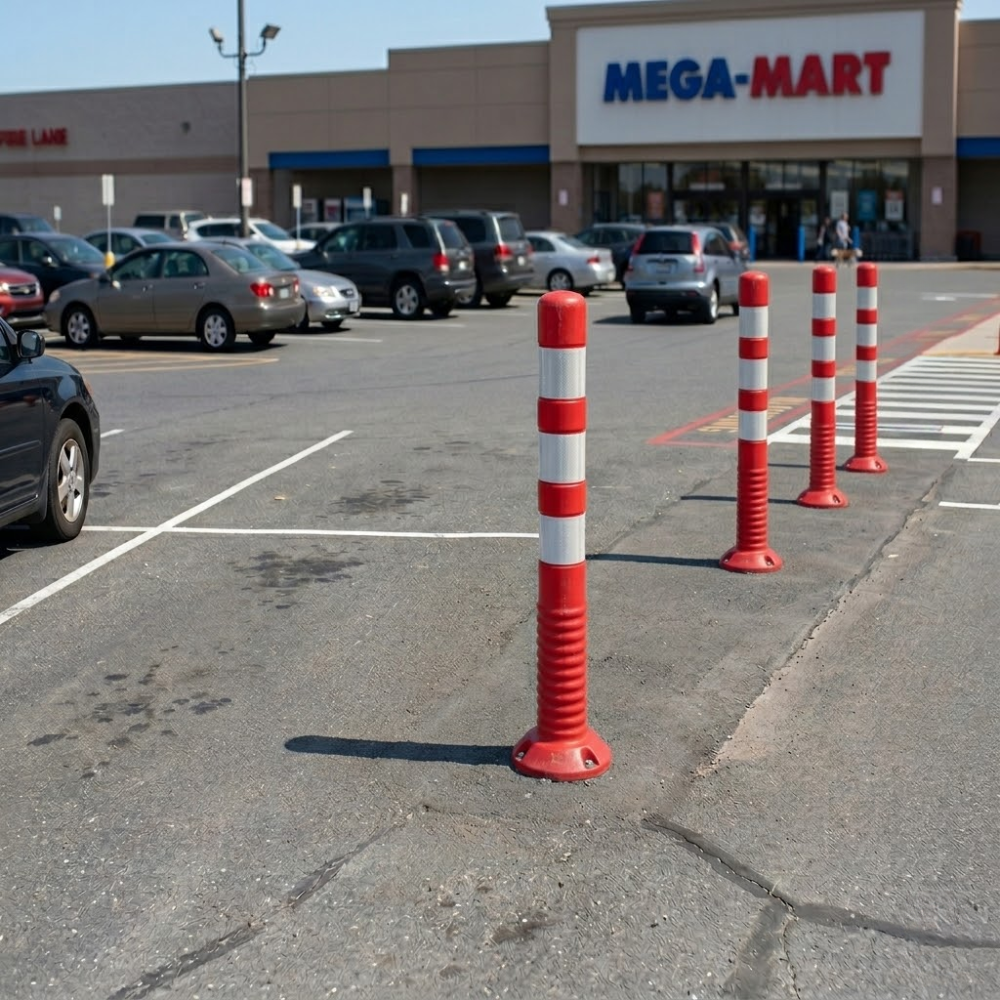 Red and white striped poles in a parking lot with a Mega-Mart store in the background.