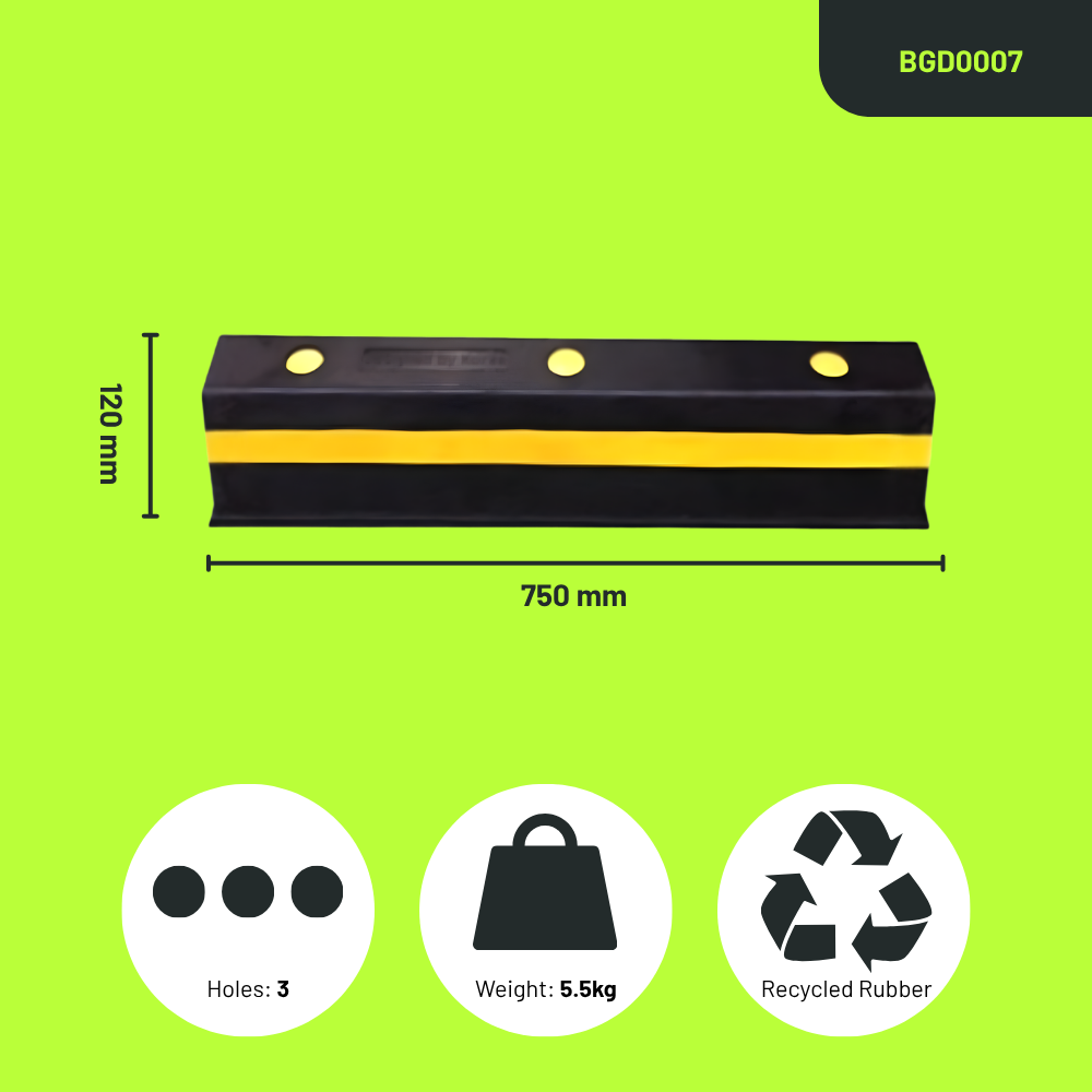 Base Guard® 750mm Rubber Wheel Stop with dimensions on a green background