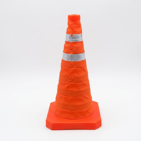 Orange traffic cone with reflective stripes on a white background