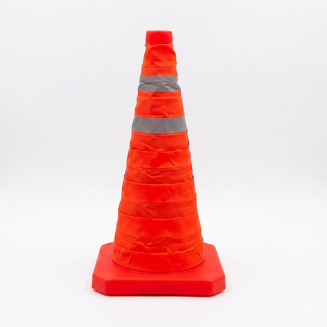 Orange traffic cone with reflective strip on a white background