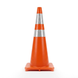 Orange traffic cone with reflective silver band on a white background
