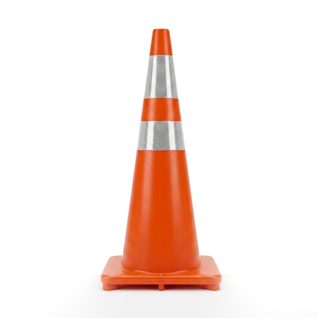 Orange traffic cone with reflective silver band on a white background