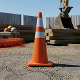 Orange traffic cone on a construction site with equipment and materials in the background.