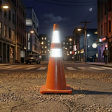 Orange traffic cone on a city street at night with buildings and streetlights in the background.