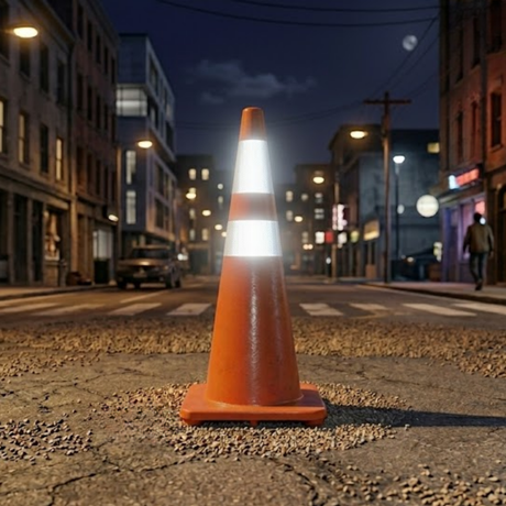 Orange traffic cone on a city street at night with buildings and streetlights in the background.
