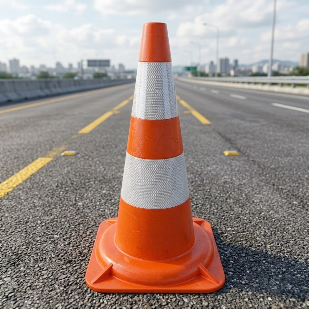 Base Guard Dual Reflective Traffic Cone placed on asphalt road