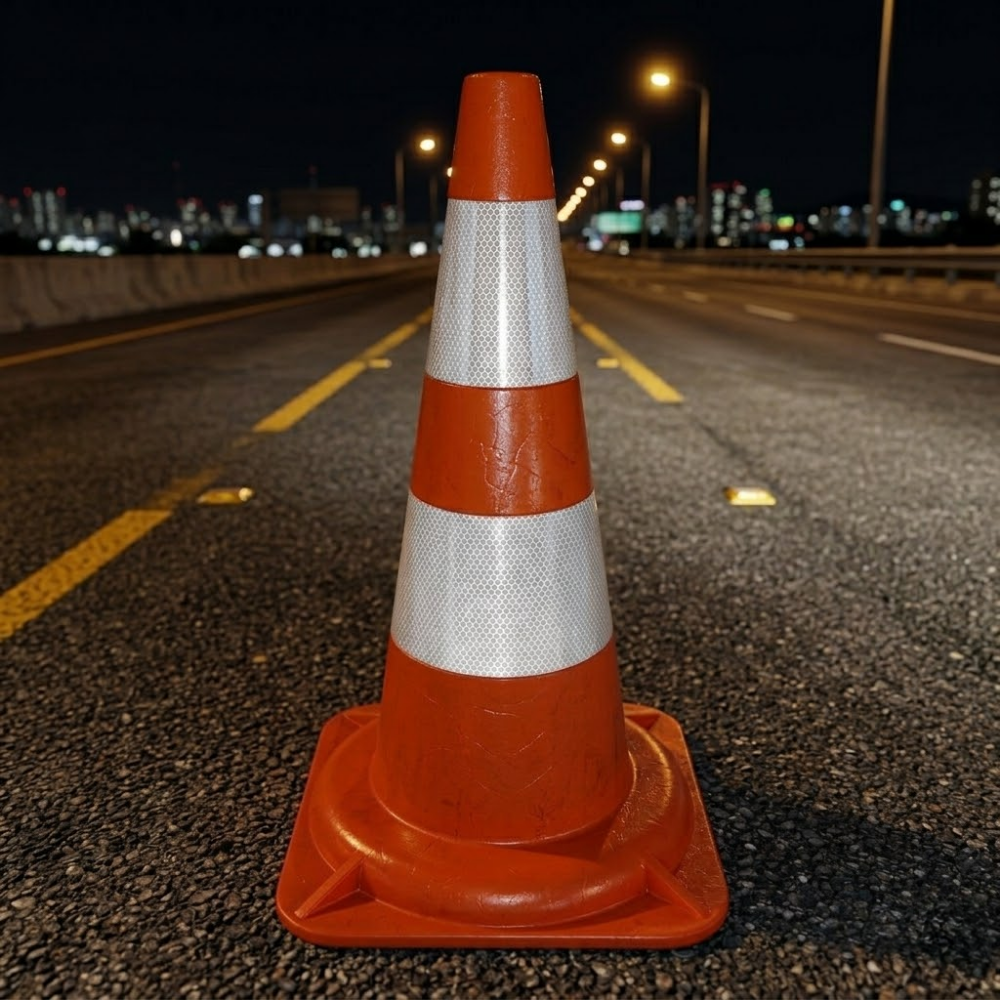 Base Guard Dual Reflective Traffic Cone on asphalt road