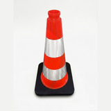 Orange traffic cone with reflective silver band on a white background