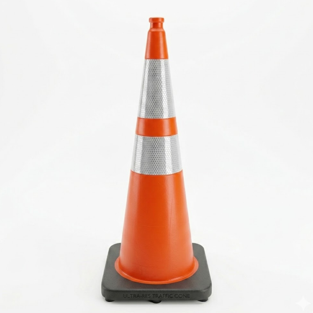 Orange traffic cone with reflective silver band on a white background