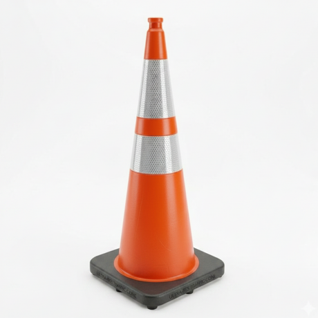 Orange traffic cone with reflective silver band on a white background